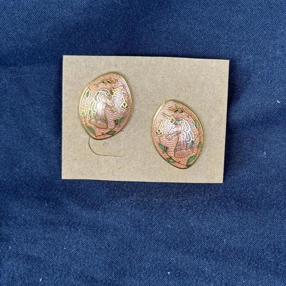 CLIP-ON Vintage 1980โs Unicorn Horse Earrings Retroโ Bronze Green Antique